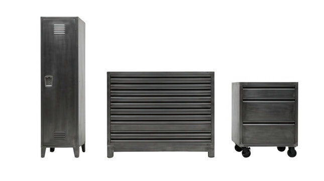 Industrial metal storage solutions locker tool chest and rolling drawer unit on transparent background