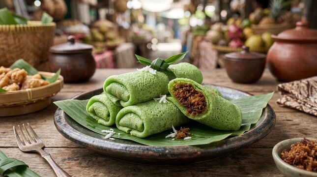 Traditional Indonesian Dadar Gulung with Sweet Coconut Palm Sugar Filling