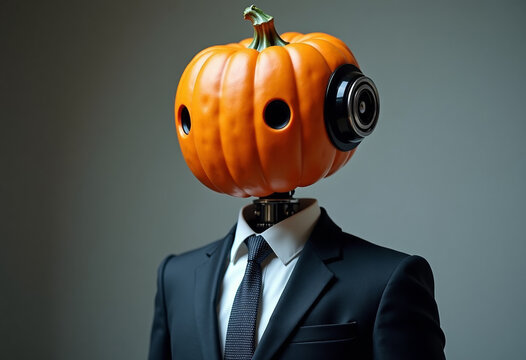 AI robot in suit wearing pumpkin head, futuristic business Halloween concept