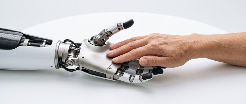 Main robotique touchant une main humaine