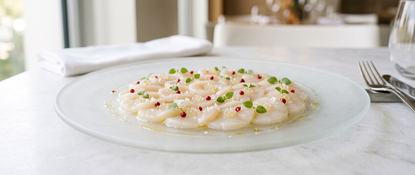 Carpaccio de saint-jacques avec petits pois sur assiette transparente
