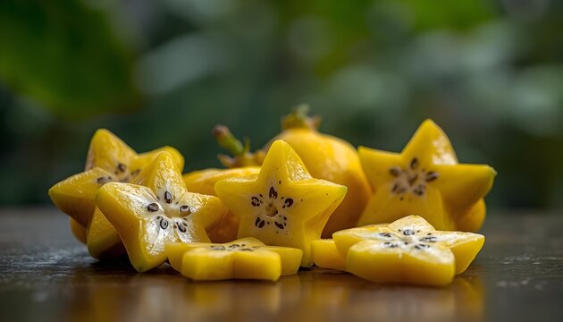 Fresh yellow starfruit arranged on a dark wooden surface, featuring whole and sliced carambola with distinctive star-shaped sections and visible seeds against a soft natural green background.