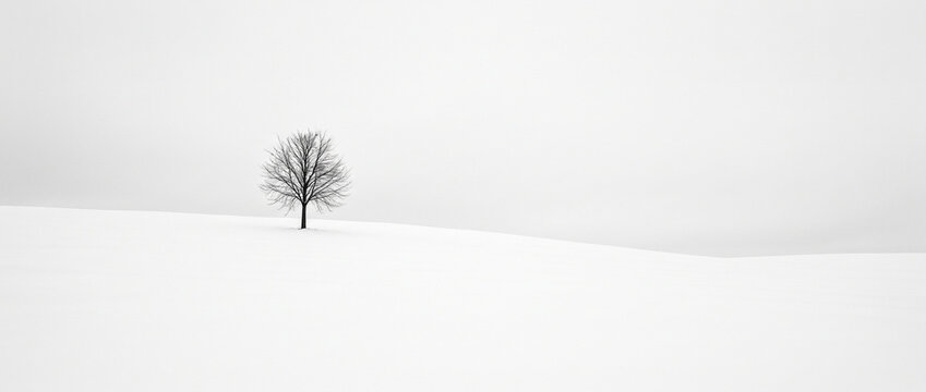 Arbre solitaire sur colline enneig&eacute;e en noir et blanc
