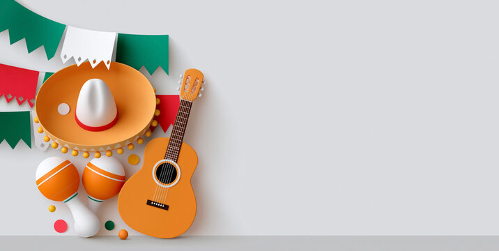 Colorful Mexican fiesta decorations featuring a sombrero, guitar, maracas, and papel picado banners against a neutral background for celebration themes