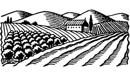 Fototapeta premium Rural Countryside Farm Landscape with Trees, Water, Flowers and Nature Elements in Vintage Vector Sketch Illustration Style