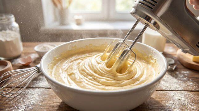Electric hand mixer beating cake batter in white bowl with flying flour