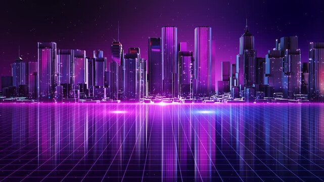 Neon magenta smart city grid reflections cinematic futuristic atmosphere. virtual environments, digital experiences, spatial design, entertainment, technology branding immersive backgrounds.