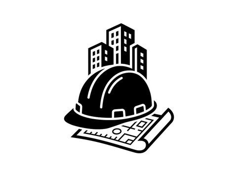 Black and white construction and architecture icon featuring a hard hat, building blueprints, and cityscape skyline