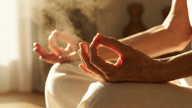 Slow motion close-up of hands in meditation mudra with warm light and gentle steam