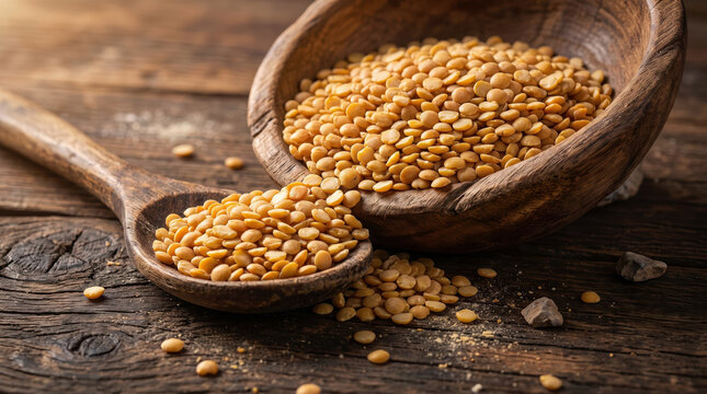 Raw yellow split peas in rustic wooden bowl and spoon