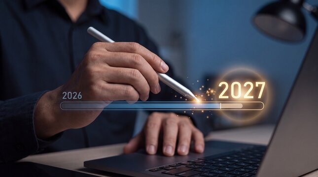 Business professional using a digital stylus to transition from 2026 to 2027, representing new year planning, business growth, future strategy, technology, goals, and progress.
