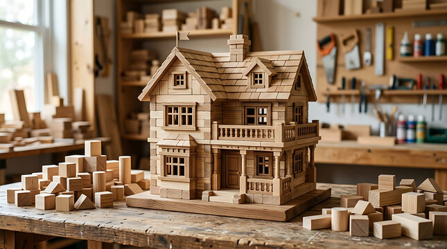Handcrafted wooden dollhouse model on a workbench in a carpentry workshop