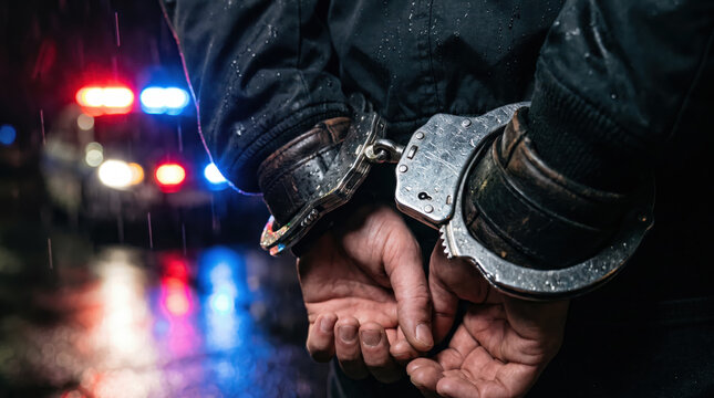 Arrested suspect in handcuffs at night in the rain with police lights