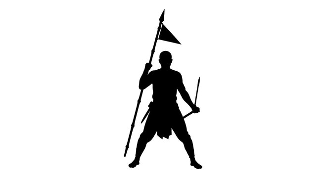 Silhouette of an ancient warrior standing in battle pose with a spear