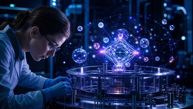 Female scientist working with glowing quantum computing