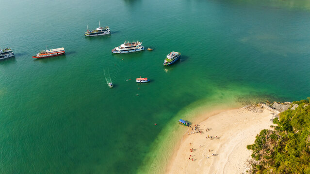 Aerial view of boats near beach on Cat Ba Island