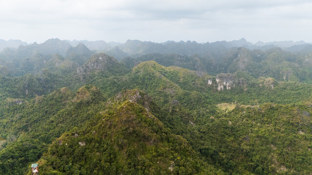 Panoramic limestone karst landscape in Cat Ba National Park