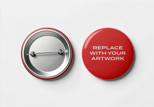 Circular pinback button mockup shown from front and back on a white surface, displays replace with your artwork text, reveals metal pin mechanism, Template
