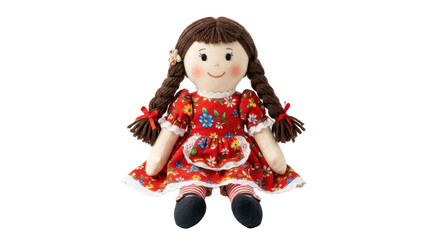 Fototapeta premium Cute Rag Doll with Braids and Red Floral Dress PNG Isolated on transparent background
