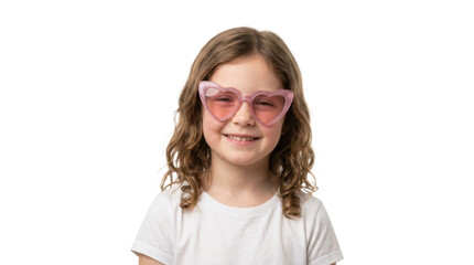 Fototapeta premium Young girl with curly hair wearing pink heart shaped glitter sunglasses and a white t-shirt PNG Isolated on transparent background
