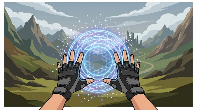 POV illustration of hands casting magic spell in fantasy landscape