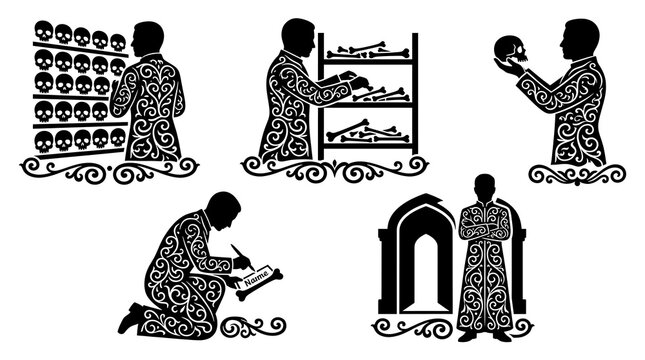 Ornate ossuary keeper silhouette icon set featuring skulls, bones, and historical record.