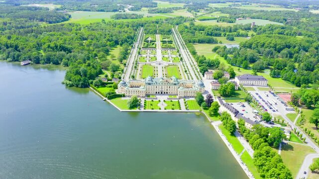Stockholm, Sweden. Drottningholm. Drottningholms Slott. Well-preserved royal residence with a Chinese pavilion, theater and gardens. Drone footage