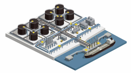 Fototapeta premium Industrial Isometric of Oil Storage Tanks Pipelines and Tanker Ship Loading Facility with Blue Water