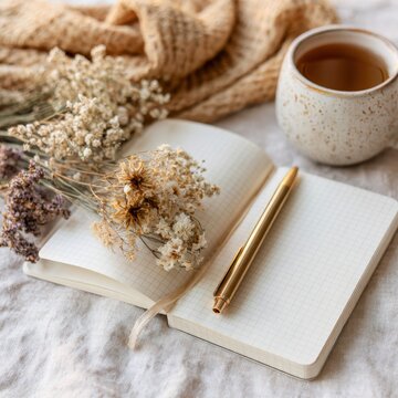 Close up flat lay of a mindfulness journaling setup with an open notebook, pen, dried flowers, and warm tea on linen, showing how people practice self care through quiet reflection