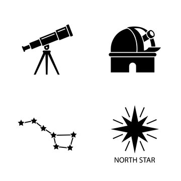 Four astronomy featuring a telescope, an observatory dome, the big dipper constellation, and a north star with text label