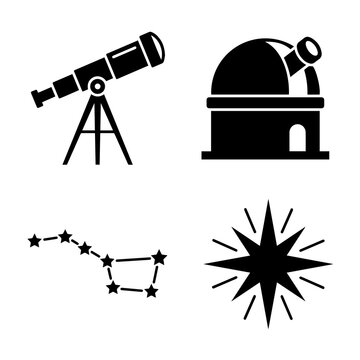 Four astronomy featuring a telescope, an observatory dome, the big dipper constellation, and a north star in black and white
