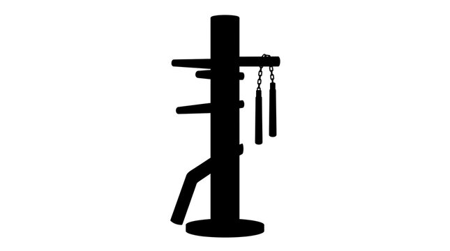 Wing chun wooden dummy and nunchaku silhouette on white background