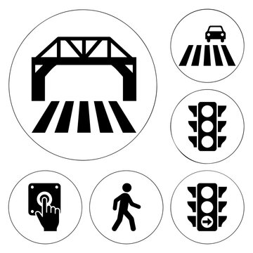 A set of black circular representing pedestrian safety, traffic lights, crosswalks, and bridge infrastructure on a white background