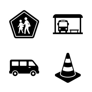 Black set showing school crossing sign, bus stop shelter, student shuttle bus, and orange traffic safety cone on white background