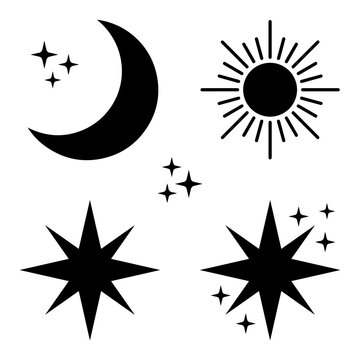 Collection of black celestial including a crescent moon, a sun, and various star shapes isolated on a white background