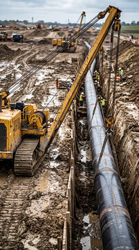 Pose de pipeline industriel avec grue sur chantier boueux