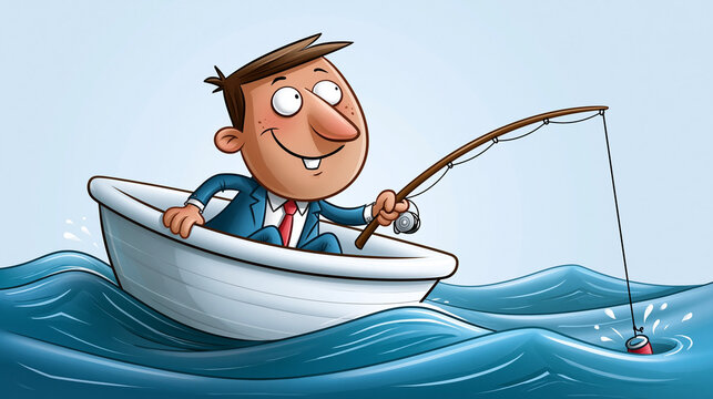 Cartoon-Gesch&auml;ftsmann angelt konzentriert aus wei&szlig;em Boot im Meer