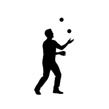Silhouette of a man juggling balls against a white background