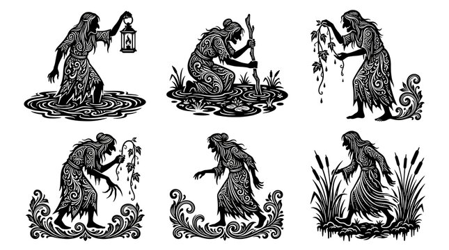 Set of ornate bog hag silhouettes for fantasy horror and dark folklore design projects