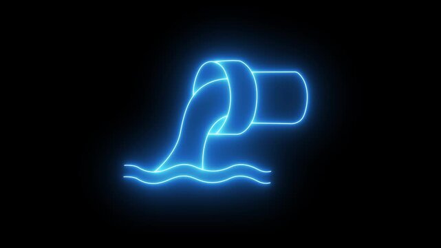 Glowing blue neon industrial wastewater drainage pipe animation. Pollution and ecology concept. Sewage flow graphic. 4K loop video.