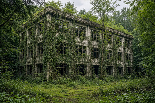 Abandoned research laboratory building heavily overgrown and reclaimed by nature