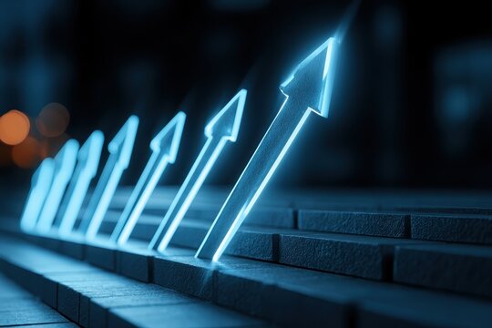 Abstract blue glowing arrows moving up on dark background. Financial stock market trading chart, digital business growth analytics dashboard, enterprise success strategy, and tech startup scaling.