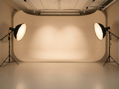 Empty professional photo studio with white cyclorama wall and studio lighting equipment
