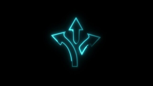 Glowing cyan neon three way split arrows icon on black background, decision choices directional neon light sign element