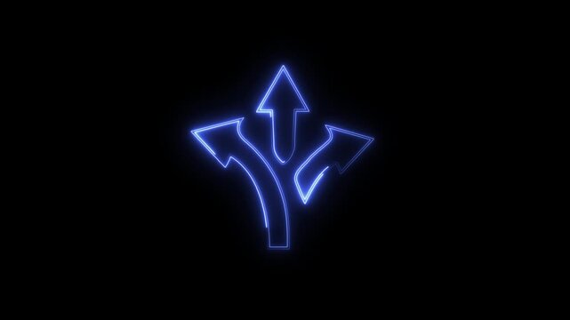 Glowing blue neon three way split arrows icon on black background, decision choices directional neon light sign element
