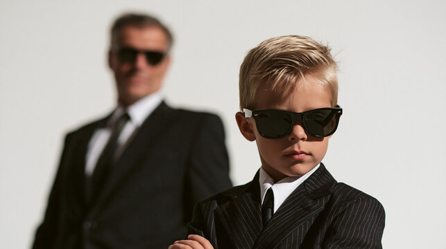 Kleiner Junge im schwarzen Anzug tr&auml;gt Sonnenbrille wie ein Bodyguard