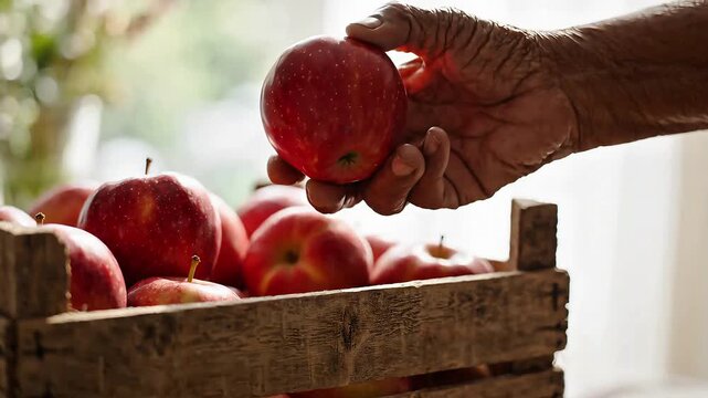 An elderly wrinkled hand carefully selecting and lifting a fresh red apple from a rustic wooden harvesting crate.