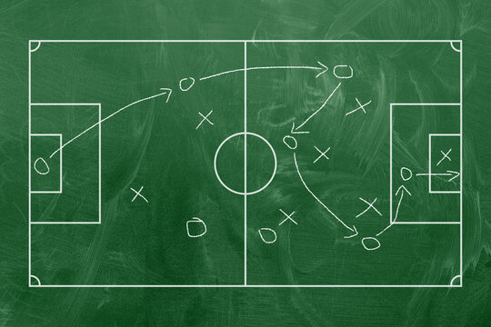 Whistle of soccer referee or trainer and soccer tactics diagram on black board. Great soccer event, soccer championship concept