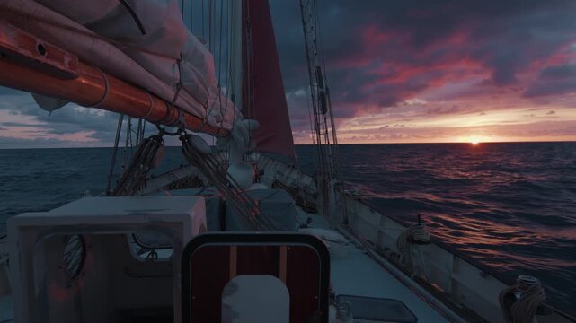 Expeditional sailing vessel moves in the Atlantic Ocean during sunrise