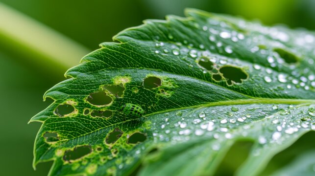 Close-Up of Dew Covered Leaf Featuring Distinct Holes and Intricate Patterns with a Lush Green Background Highlighting Nature's Beauty